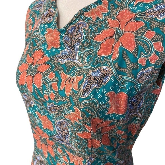 Vintage 70s Talon Blue Sleeveless V Neck Back Zip Slit Floral Dress small 4 - Picture 11 of 16